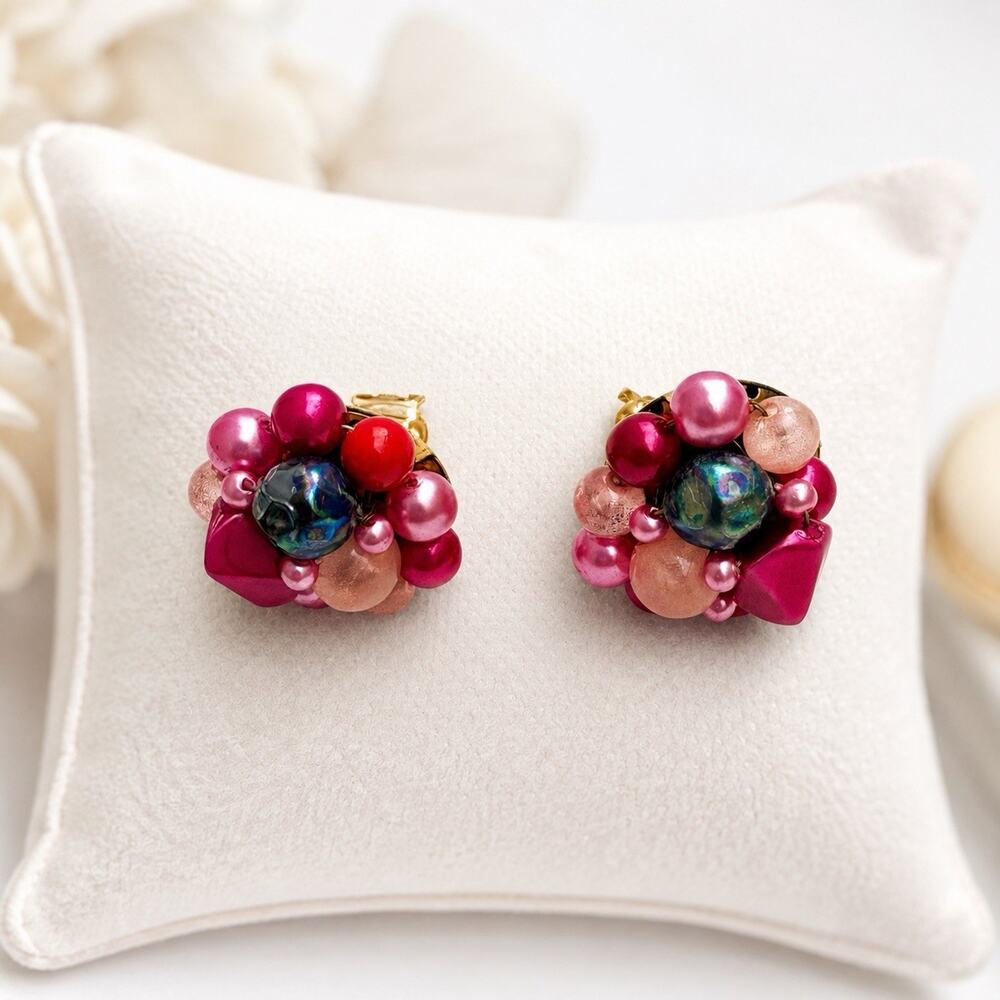 Vintage Japan Beaded Cluster Clip On Earrings Pink Red Faux Pearl Statement